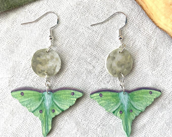 Painted Wooden Luna Moth and Full Moon Dangle Earrings