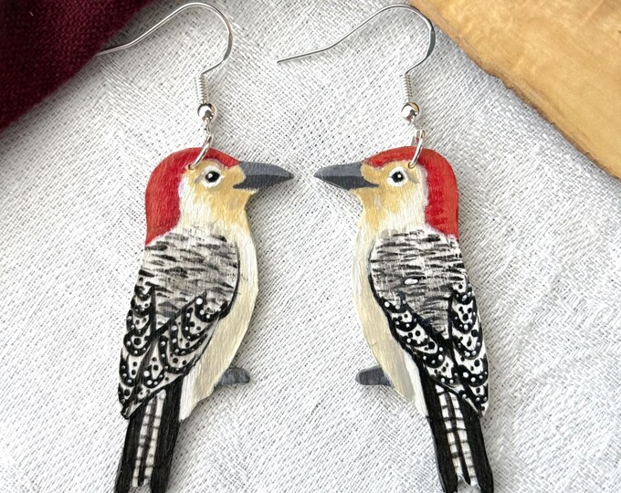 Painted woodpecker earrings | Handmade animal jewelry | Wooden bird earrings