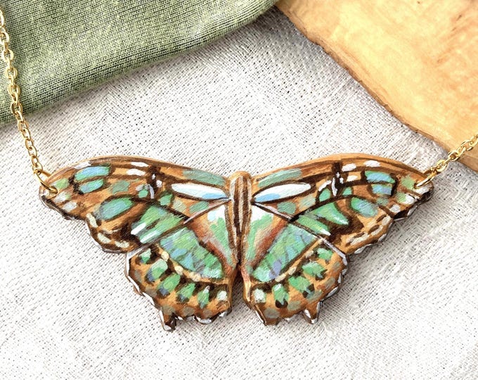 Painted Wooden Large Malachite Butterfly Necklace