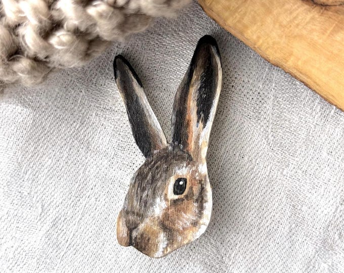Handmade hare brooch | Painted rabbit pin | Desert hare jewelry