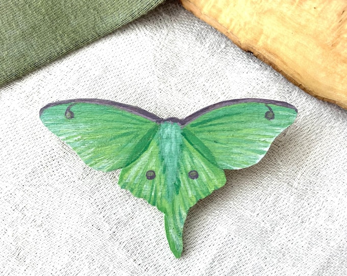 Handmade luna moth brooch | Painted butterfly pin | Green moth jewelry