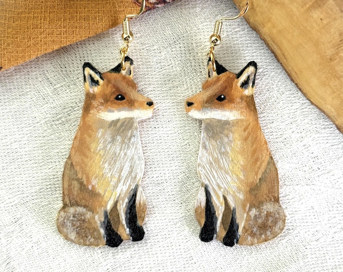 Painted Wooden Red Fox Dangle Earrings