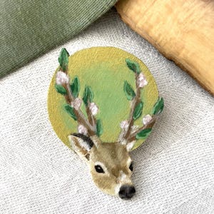 Painted Wooden Deer with Flowering Antlers Cottagecore Brooch