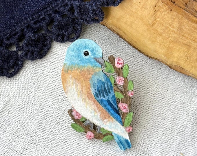 Painted Wooden Eastern Bluebird on a Flowering Branch Brooch