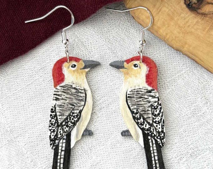 Painted woodpecker earrings | Handmade animal jewelry | Wooden bird earrings