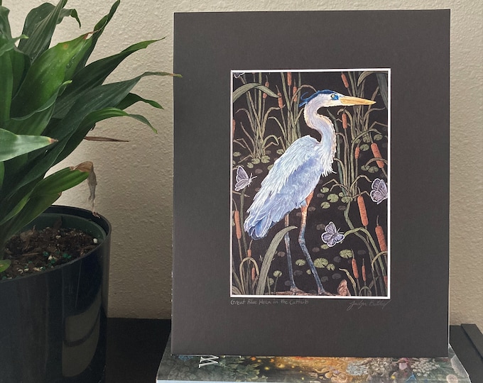 Blue Heron in the Cattails Painting Giclee Print with Optional Black Matting