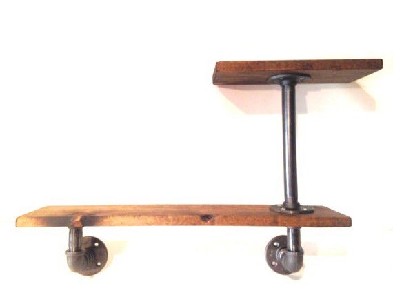 Industrial Iron Pipe Two Tier shelf 1"x6" (Pick your own stain)(Pick 1/2" or 3/4" pipe)