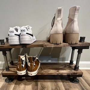 8&quot; Depth Galvanized and Black Pipe Industrial Shoe Rack, Shoe Storage, Shoe Rack, Shoe Stand (4 different Sizes & Stain Options)