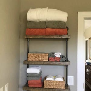 Industrial Rustic Iron Pipe Three Shelf (Pick your own stain) & (Pick your size wood 2x6,2x8,2x10 or 2x12)