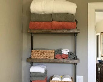 Industrial Rustic Iron Pipe Three Shelf (Pick your own stain) & (Pick your size wood 2x6,2x8,2x10 or 2x12)