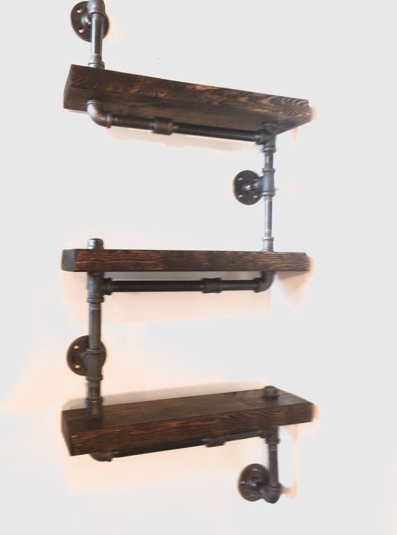 Huge Industrial Rustic Urban Pipe Wall 3 Tiers Wooden Shelves (pick your own stain and wood)