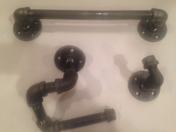 Industrial bathroom set -- black pipe with toilet paper holder, robe hook, and 12",14", or 20" towel holder