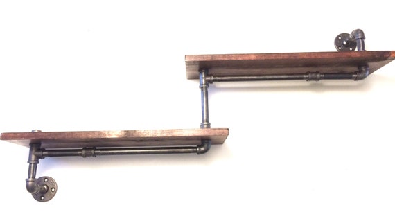 Industrial Rustic Urban Iron Pipe two 24" Tier shelves (Pick your own stain)(Pick wood size 1x6 or 1x8)