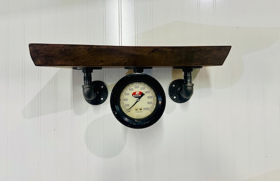 Industrial Pipe Shelf with Racing Gauge and made from Black Walnut