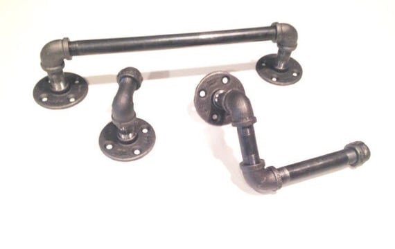 Industrial bathroom set --- black pipe with toilet paper holder, robe hook, and 12",14", or 20" towel holder