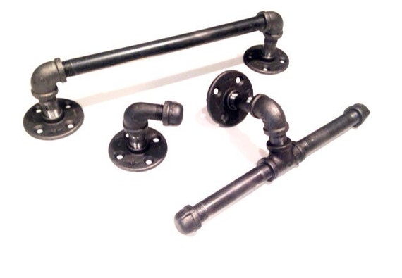 Industrial bathroom set -- black pipe with double toilet paper holder, robe hook, and 12",14", or 20" towel holder