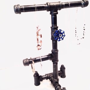 Industrial 3/4" pipe Jewelry stand with blue faucet handle