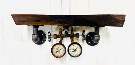 Industrial Pipe Shelf with Gauges and made from Black Walnut