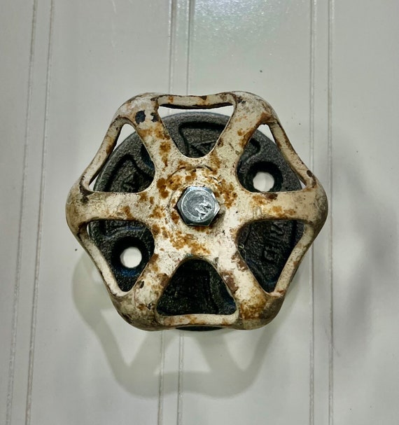 Industrial wall hook and/or curtain tie back with Rusty White faucet handle