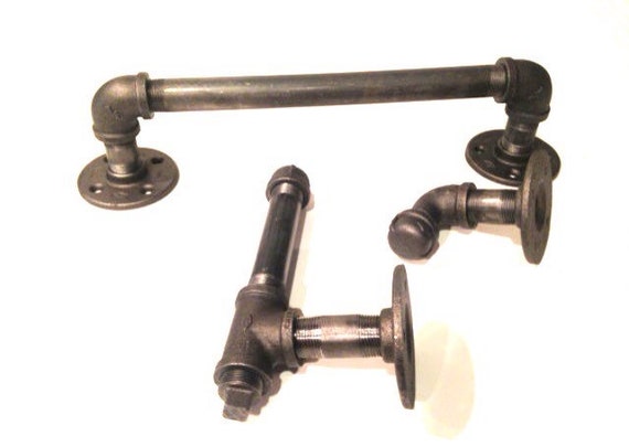 Industrial bathroom set -- 1/2" or 3/4" black pipe with toilet paper holder, hook, and 20" towel holder