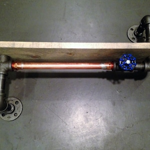 Shelf with 3/4&quot; Black and Copper Pipe, Blue Valve, and 1&quot;X8&quot; WOOD (Pick your own stain)