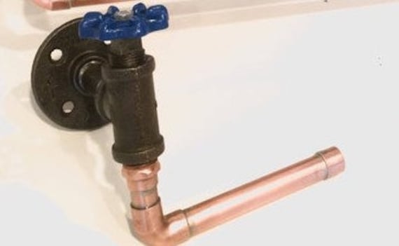 Industrial 1/2" or 3/4" Copper Pipe Toilet Paper Holder with blue faucet handle