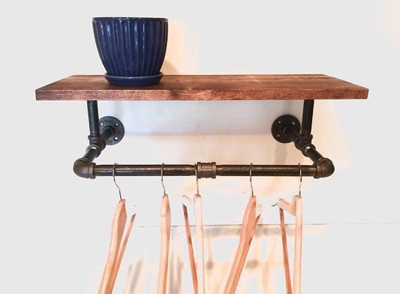 Clothing Rack, Pipe Rack, Rustic Laundry Rack Sign with a touch Industrial Style with 30" Shelf (Stain Options)
