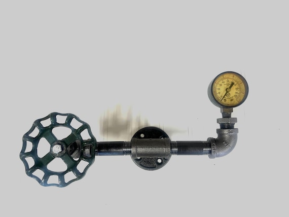 Steampunk Industrial Pipe Wall Hook with Vintage Gauge and Huge Green Valve