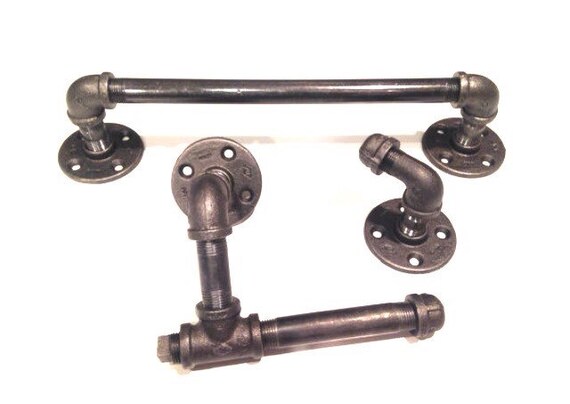 Industrial bathroom set -- black pipe with toilet paper holder, robe hook, and 12",14", or 20" towel holder