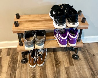 8" Depth - Solid Red Oak Wood - Industrial Shoe Rack, Shoe Storage, Shoe Rack, Entryway Shoe Organizer, Shoe Stand (Different Sizes & Tiers)
