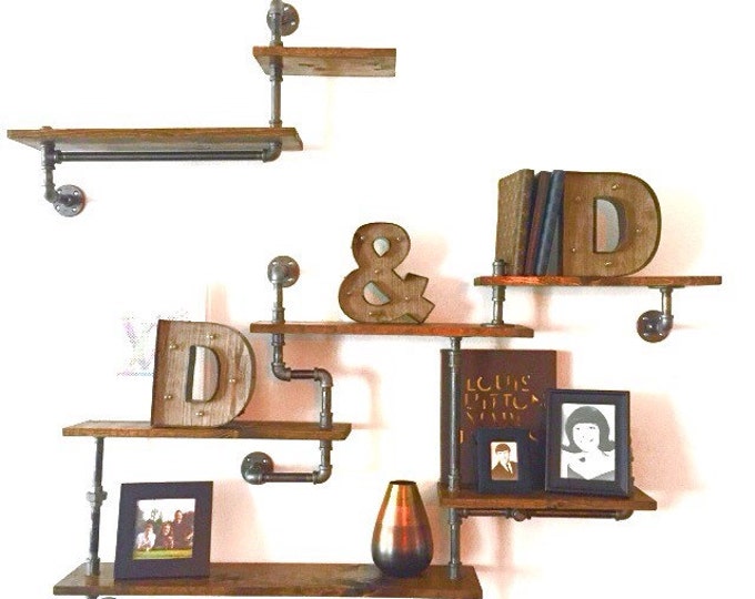 Industrial Urban Iron Pipe Seven Tier shelf Design (Pick your own stain)(Pick wood size 1x6 or 1x8)
