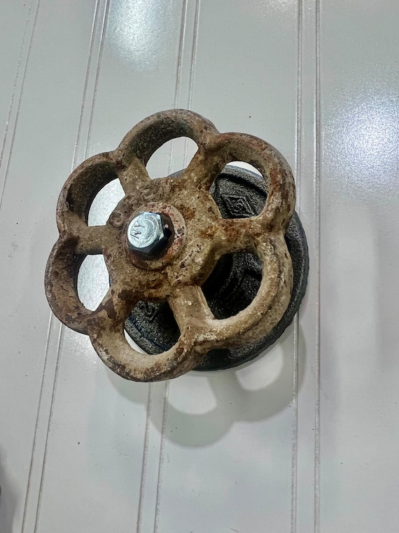 Industrial wall hook and/or curtain tie back with Rusty White faucet handle