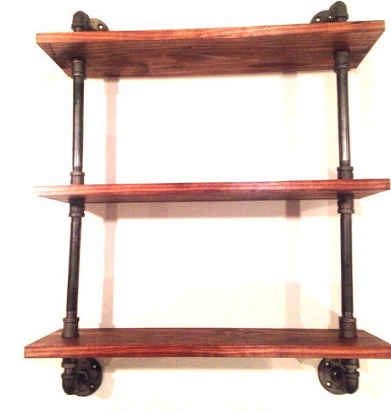 CUSTOMIZEABLE Industrial Iron Pipe Three Shelf (Pick your own stain) & (Pick your size wood)