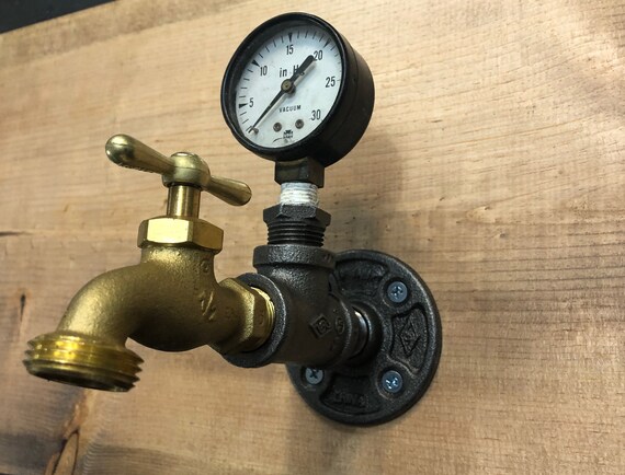 Steampunk Industrial pipe wall hook with Faucet and Gauge