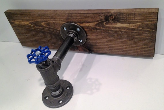 16" Industrial Iron Pipe shelf 1"X6" WOOD with Blue Faucet Handle (Pick your own stain)(Pick 1/2" or 3/4" pipe)