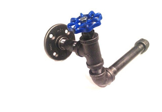 Industrial 1/2" or 3/4" black pipe Toilet Paper Holder with blue faucet handle