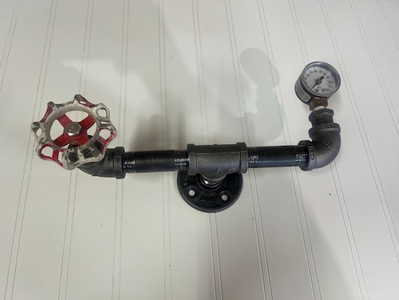 Steampunk Industrial Pipe Wall Hook with Vintage Gauge and Orange and White Valve