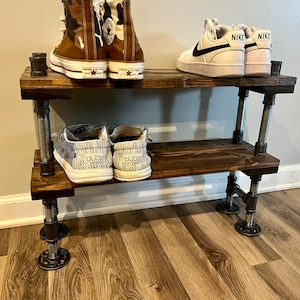 7” Depth Galvanized and Black Pipe Industrial Shoe Rack, Shoe Storage, Shoe Rack, Entryway Shoe Organizer(3 different Sizes & Stain Options)