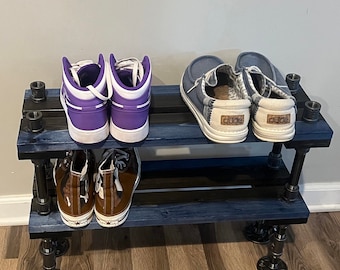8" Depth Industrial Shoe Rack, Shoe Storage, Shoe Rack, Entryway Shoe Organizer, Shoe Stand (3 different Sizes & Blue and Black stain)