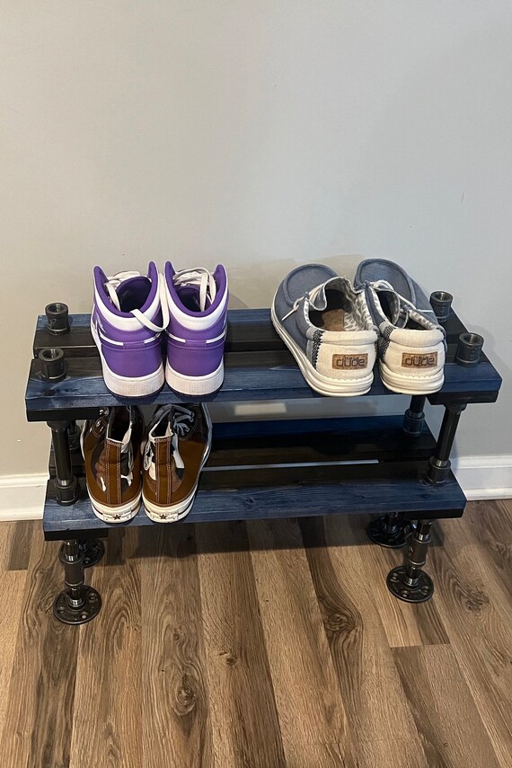 8" Depth Industrial Shoe Rack, Shoe Storage, Shoe Rack, Entryway Shoe Organizer, Shoe Stand (3 different Sizes & Blue and Black stain)