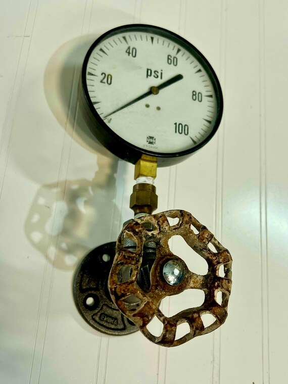 Industrial Pipe Wall Hook with White vintage Faucet and Gauge