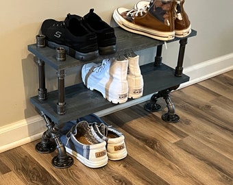 Double X 7.25" Depth Industrial Shoe Rack, Shoe Storage, Shoe Rack, Entryway Shoe Organizer, Shoe Stand (3 different Sizes & Stain Options)
