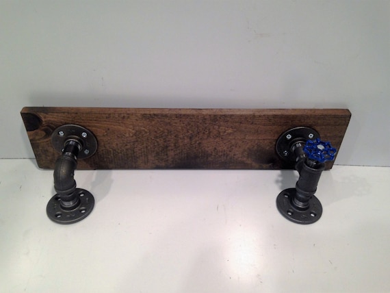 24" Industrial Urban Black Pipe shelf 1"X6" WOOD with Blue Faucet Handle (Pick your own stain) (Pick 1/2" or 3/4" pipe)