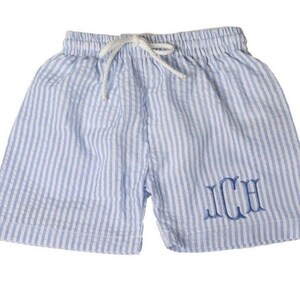 May include: Blue and white striped swim trunks with a white drawstring and the monogram "JCH" embroidered in blue on the right leg.