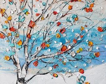 Colorful Tree, Painting, by Tatjana Ruzin, 5"x5", Winter Painting, Wall Art, Christmas, Original Painting, Oil Painting,November, 8, 2023