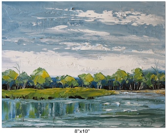 Park Lake Oil Painting, Original Landscape Art, 10x8"