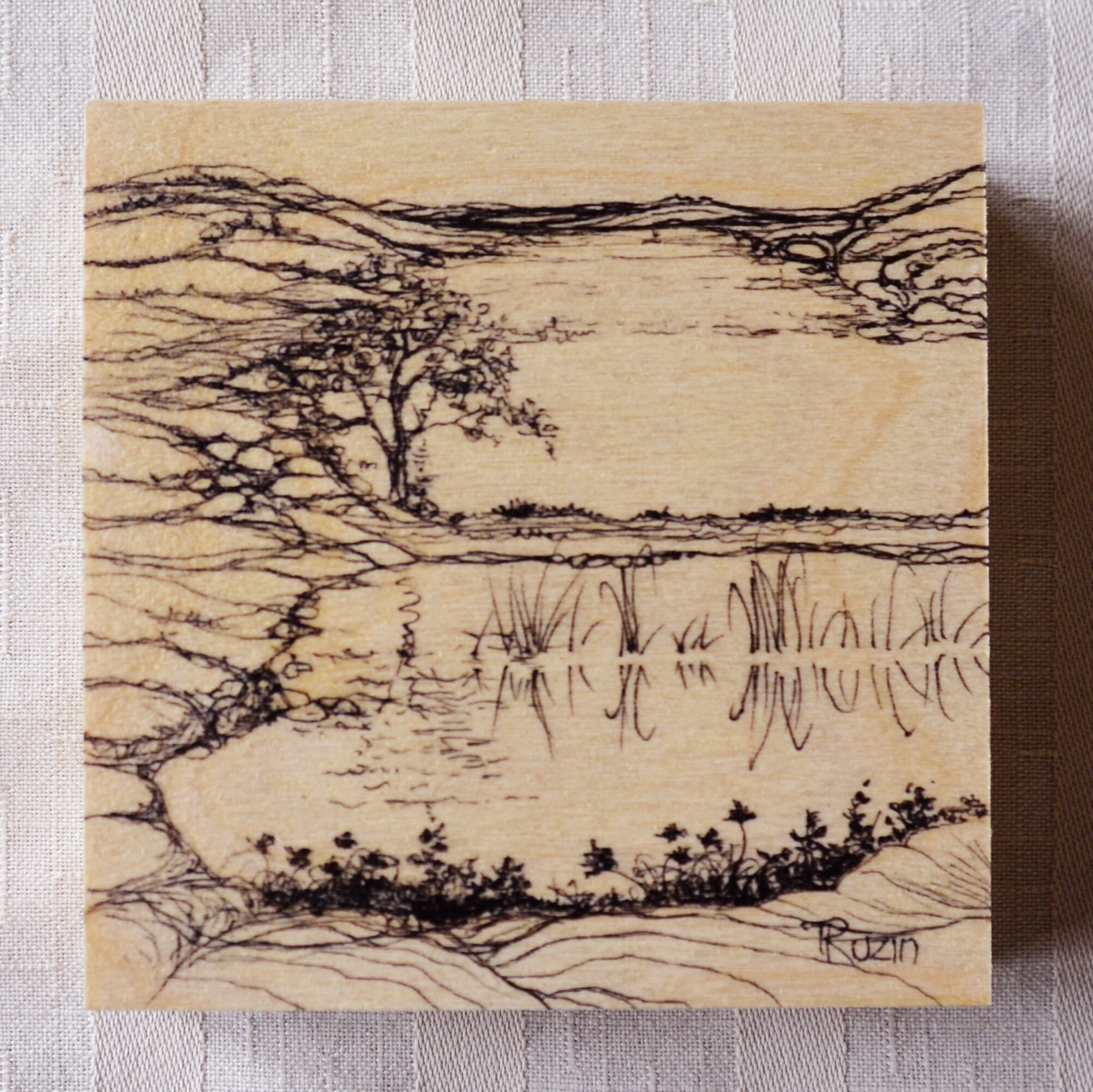 Original Pen and Ink Landscape Drawing on Birch Wood (4x4) - Etsy