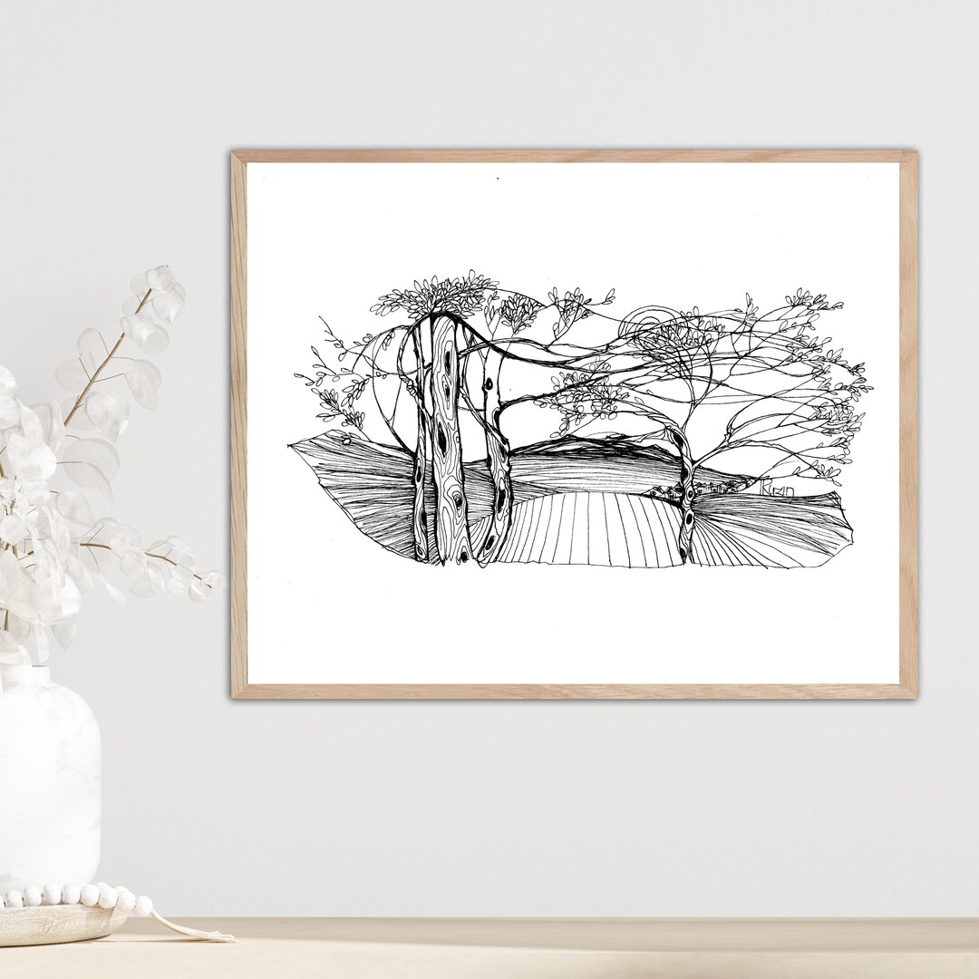 Original Pen and Ink Landscape Drawing: Black and White Wall Art on ...