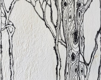 Tree art, 4"x4", Handmade, Original drawing, wood panel, Christmas, Gift, Black and Wood, Art,Painting,Drawing and Illustration, Pen and Ink