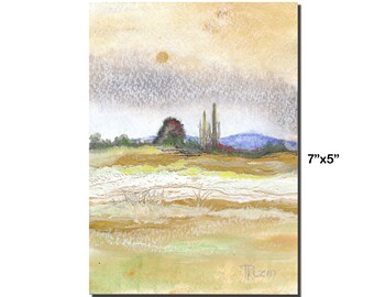 Desert Sun Painting, Original Watercolor & Acrylic Landscape (7x5)